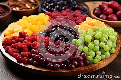 Vibrant Fruit Medley. Freshly Arranged Plate Bursting with Colorful and Juicy Slices Stock Photo