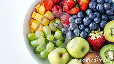Vibrant fruit platter on white surface perfect for nutrition ads with ample text space Stock Photo