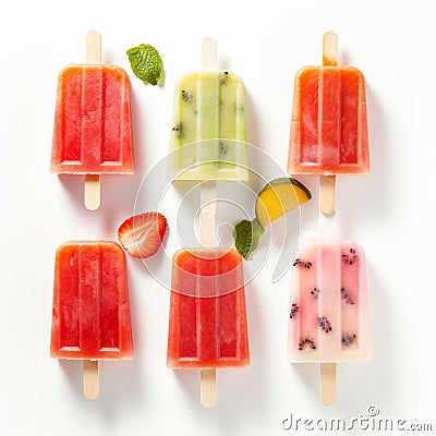 Vibrant Fruit Popsicles With Rich Textures On White Background Stock Photo
