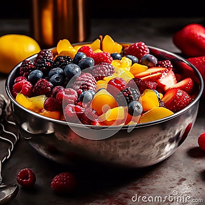 A vibrant fruit salad in a hammered metal bowl Stock Photo