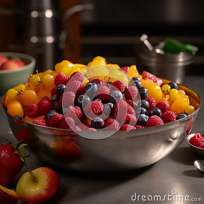 A vibrant fruit salad in a hammered metal bowl Stock Photo