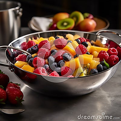 A vibrant fruit salad in a hammered metal bowl Stock Photo