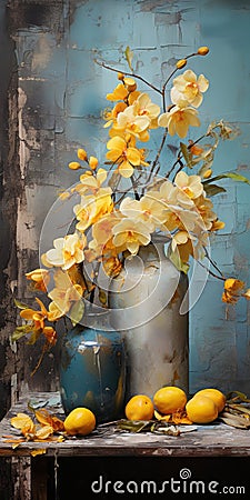 Vibrant Fruit And Yellow Orchids In Antique Metallic Vases Stock Photo