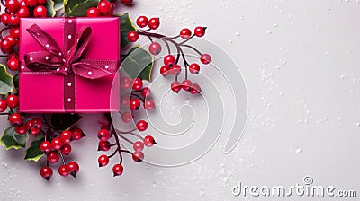 Vibrant Fuchsia Gift Box With Red Berries - Xmaspunk Decoration Stock Photo