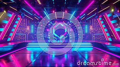 Vibrant futuristic concert stage with dynamic neon purple blue red illumination. Night Club. Concept of virtual reality Stock Photo