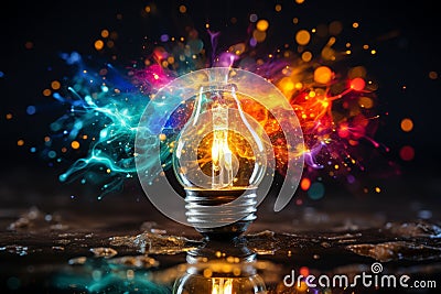 Vibrant futuristic geometric composition with classic light bulb and colorful rays Stock Photo