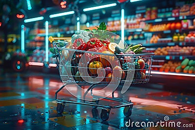 Vibrant futuristic shopping cart brimming with fresh produce assortment Stock Photo