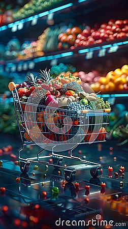 Vibrant futuristic shopping cart brimming with fresh produce assortment Stock Photo