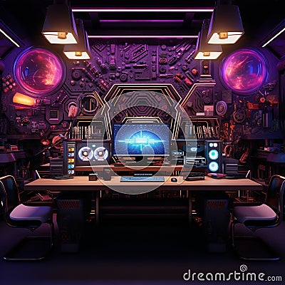 Vibrant and Futuristic Workbench Setup in the Geek's Pioneering Playground Stock Photo