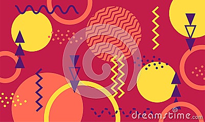 Vibrant geometric shapes and patterns creating a dynamic memphis design background, featuring circles, triangles Vector Illustration