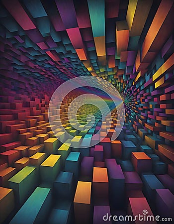 Vibrant geometrically patterned tunnel perspective in multicolor, abstract artwork with pixelated and swirling designs, Generative Stock Photo