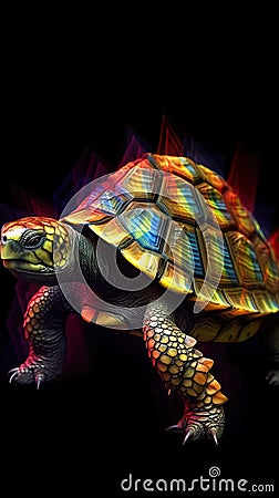 Vibrant Glitch Art Turtle on Dark Background AI Generated Cartoon Illustration