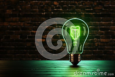 Vibrant glow green neon lamp with a light bulb on brick Stock Photo