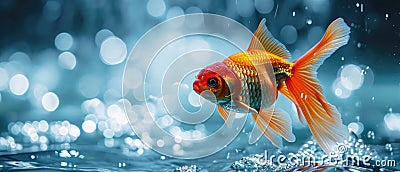 A Vibrant Goldfish Leaps Energetically From The Glistening Surface Of The Water Stock Photo