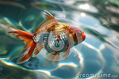 Vibrant Goldfish Swimming in Crystal Clear Water Stock Photo