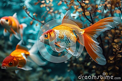 Vibrant goldfish swimming in a serene underwater environment Stock Photo