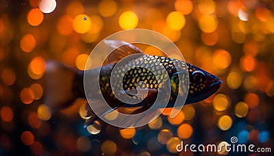 Vibrant goldfish tail illuminates dark underwater pond in scuba diving generated by AI Stock Photo