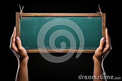 Vibrant green chalkboard with a hand holding a piece of chalk, waiting to be written on or decorated Stock Photo