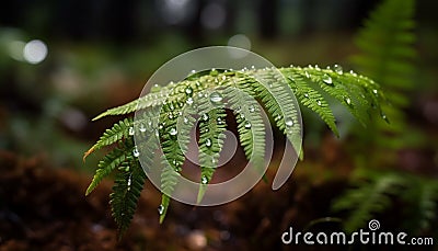 Vibrant green fern frond in dewy forest, new life emerging generated by AI Stock Photo