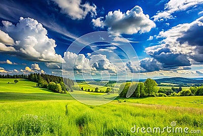 Vibrant green field under a dramatic, sunny sky with fluffy clouds Stock Photo
