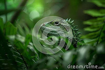 Vibrant Green Lizard in Lush Foliage Stock Photo