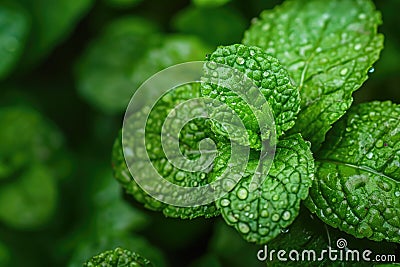 A vibrant green plant with droplets of water glistening under natural light, A crushed mint leaf with visible texture and aroma, Stock Photo