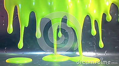 A vibrant green substance drips and pools on a reflective surface, creating a dynamic visual effect Stock Photo