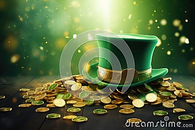 A vibrant green top hat rests atop a stack of gleaming coins, creating a striking image of wealth and st Stock Photo