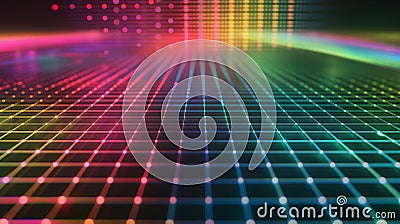 A vibrant, grid-like pattern of glowing dots and lines extends into the distance, featuring a spectrum of colors including red, Cartoon Illustration