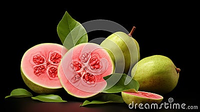 Vibrant Guava: Fresh Fruits With Green Foliage On Black Background Stock Photo