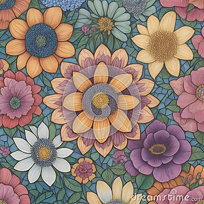 A vibrant, hand-drawn mosaic of seamless flower sketches, tiled together in a mesmerizing pattern generated by Ai Stock Photo
