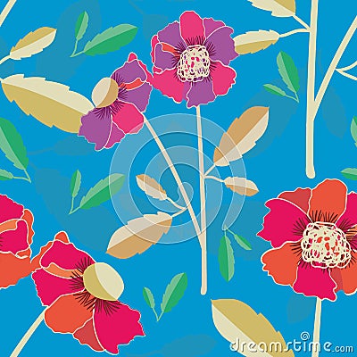 Vibrant hand drawn poppies vector seamless pattern on subtly textured bright blue background. Colourful seamless vector Vector Illustration