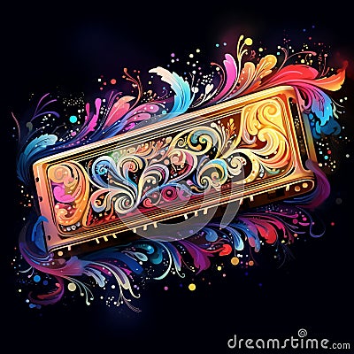 Vibrant Harmonica with Swirling Musical Notes Stock Photo