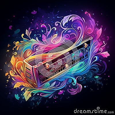 Vibrant Harmonica with Swirling Musical Notes Stock Photo