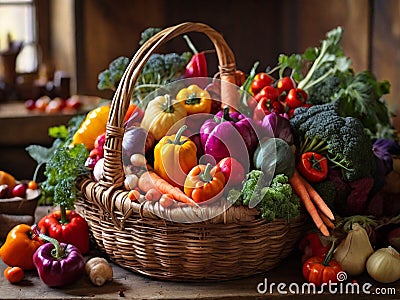 Vibrant Harvest: A Cornucopia of Colorful Vegetables in a Rustic Basket AI generated image Stock Photo
