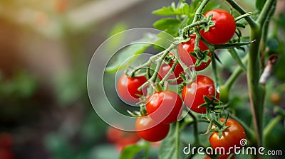Vibrant Harvest: Selective Focus on Branch Young Cherry Tomatoes, Bunches of Fresh Reds! Stock Photo