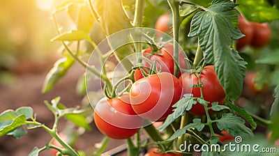 Vibrant Harvest: Sun-Kissed Fresh Tomatoes Flourishing on Plant Branch in Garden - Stock Photo