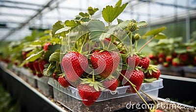 Vibrant and healthy organic strawberry plant thriving in a carefully nurtured greenhouse environment Stock Photo