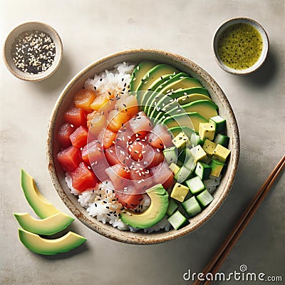 Fresh Poke Bowl with Tuna, Avocado, and Sesame Seeds, AI Generated Stock Photo