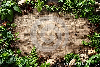 Vibrant Herbal Frame on Rustic Burlap Background with Ample Copy Space, Generative AI Stock Photo