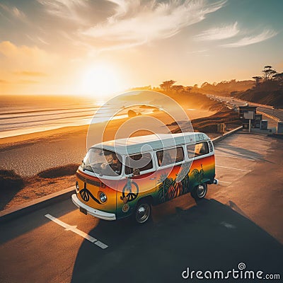 Hippie camper van travels the coastal road Stock Photo