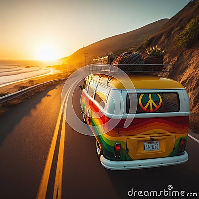 Hippie camper van travels the coastal road Stock Photo