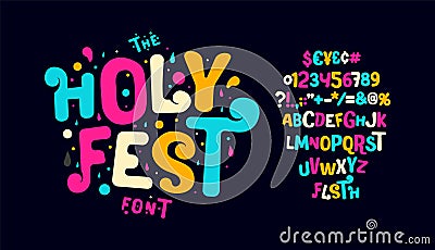 Vibrant Holi Festival alphabet, spirited and colorful letters, joyous event font for lively invitations, energetic Vector Illustration