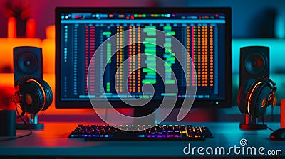 Home Podcast Editing Session with Colorful Audio Waveform Display on Computer Monitor Stock Photo