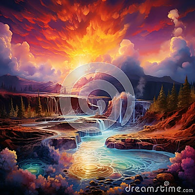 Vibrant hot spring with erupting geysers in a surreal art style Stock Photo