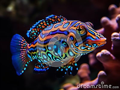 The Vibrant Hues of the Mandarin Fish in Coral Reefs Stock Photo