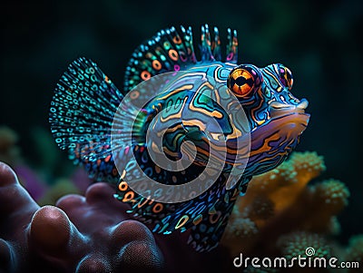 The Vibrant Hues of the Mandarin Fish in Coral Reefs Stock Photo