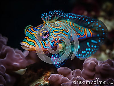 The Vibrant Hues of the Mandarin Fish in Coral Reefs Stock Photo