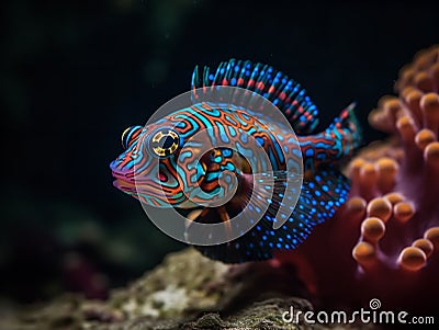 The Vibrant Hues of the Mandarin Fish in Coral Reefs Stock Photo