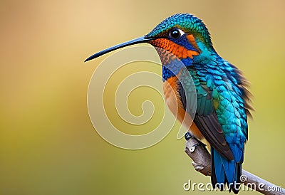 A vibrant hummingbird perched on a branch, with feathers and a sharp beak Stock Photo